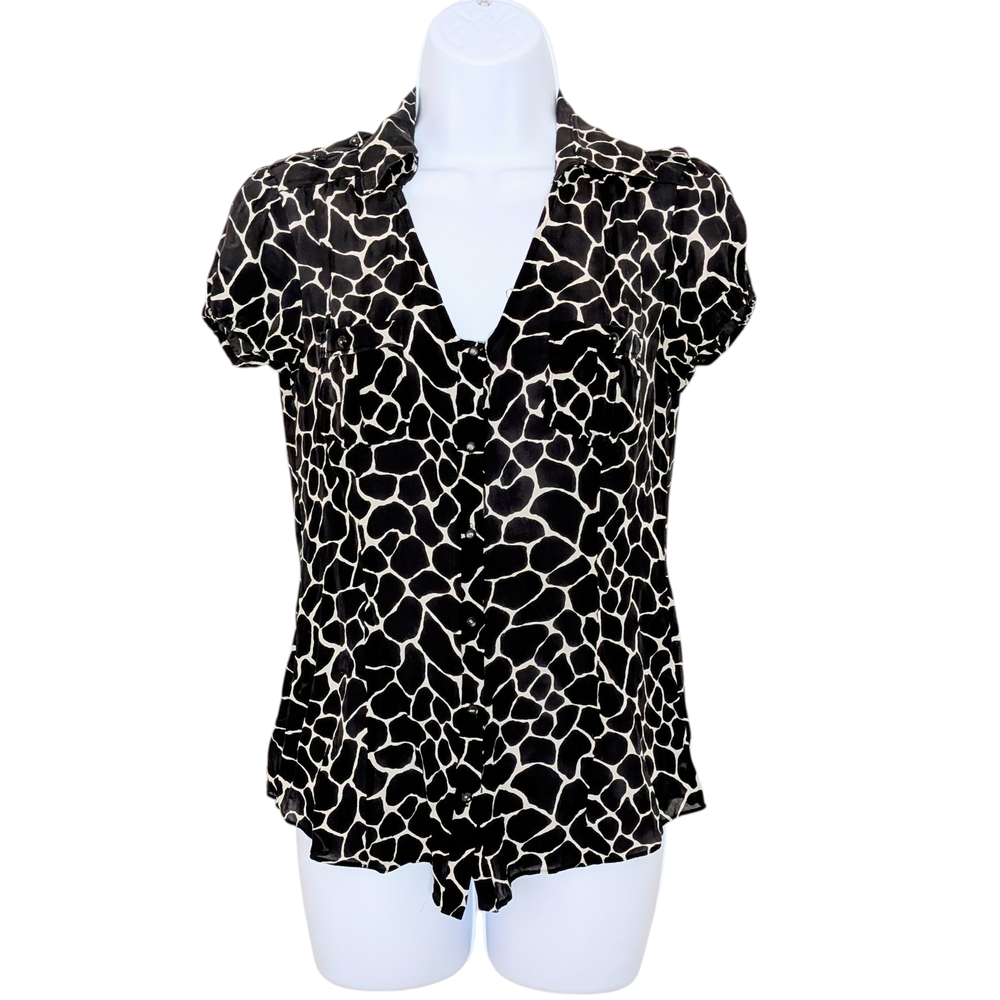 White House Black Market Black and White Silk Giraffe Pattern Blouse
